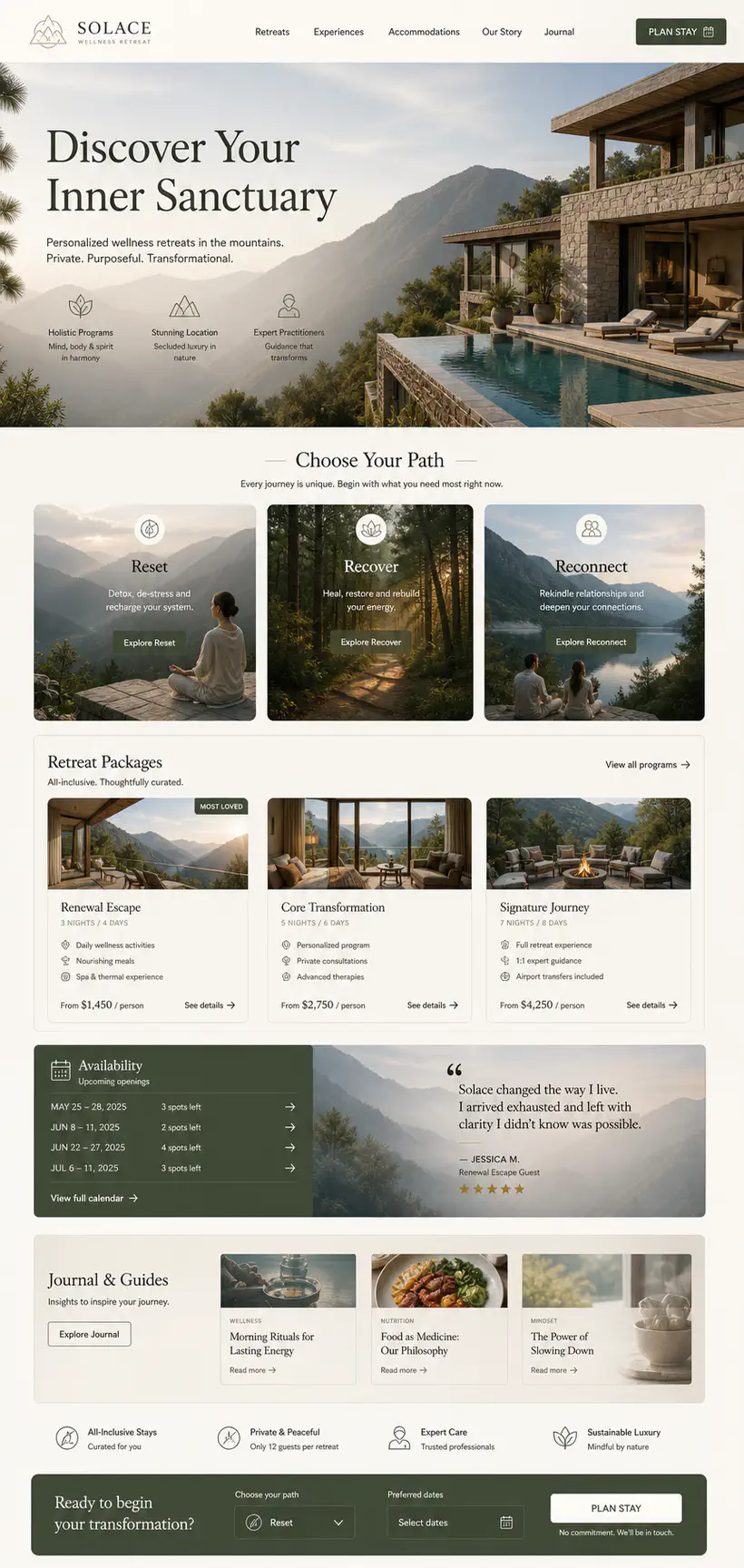 Wellness retreat website with program discovery and planning sections