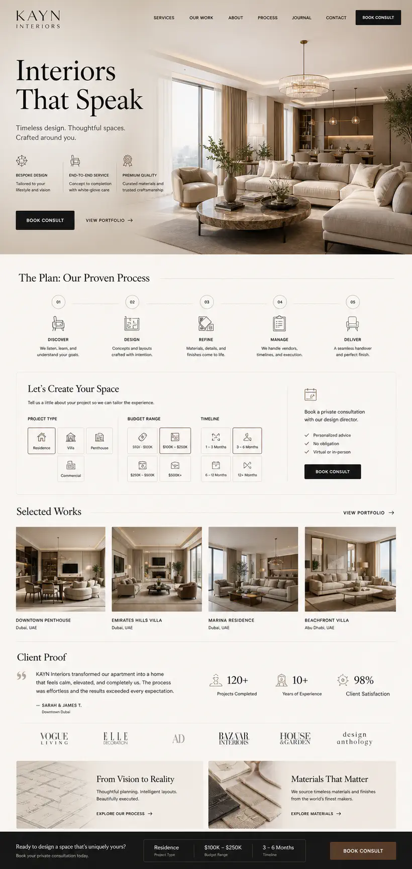 Interior design service website with consultation booking and selected work sections