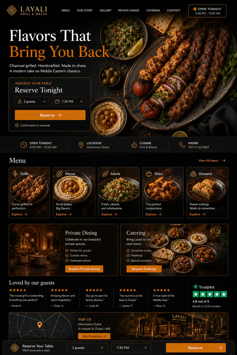Restaurant website with reservation flow and event service sections